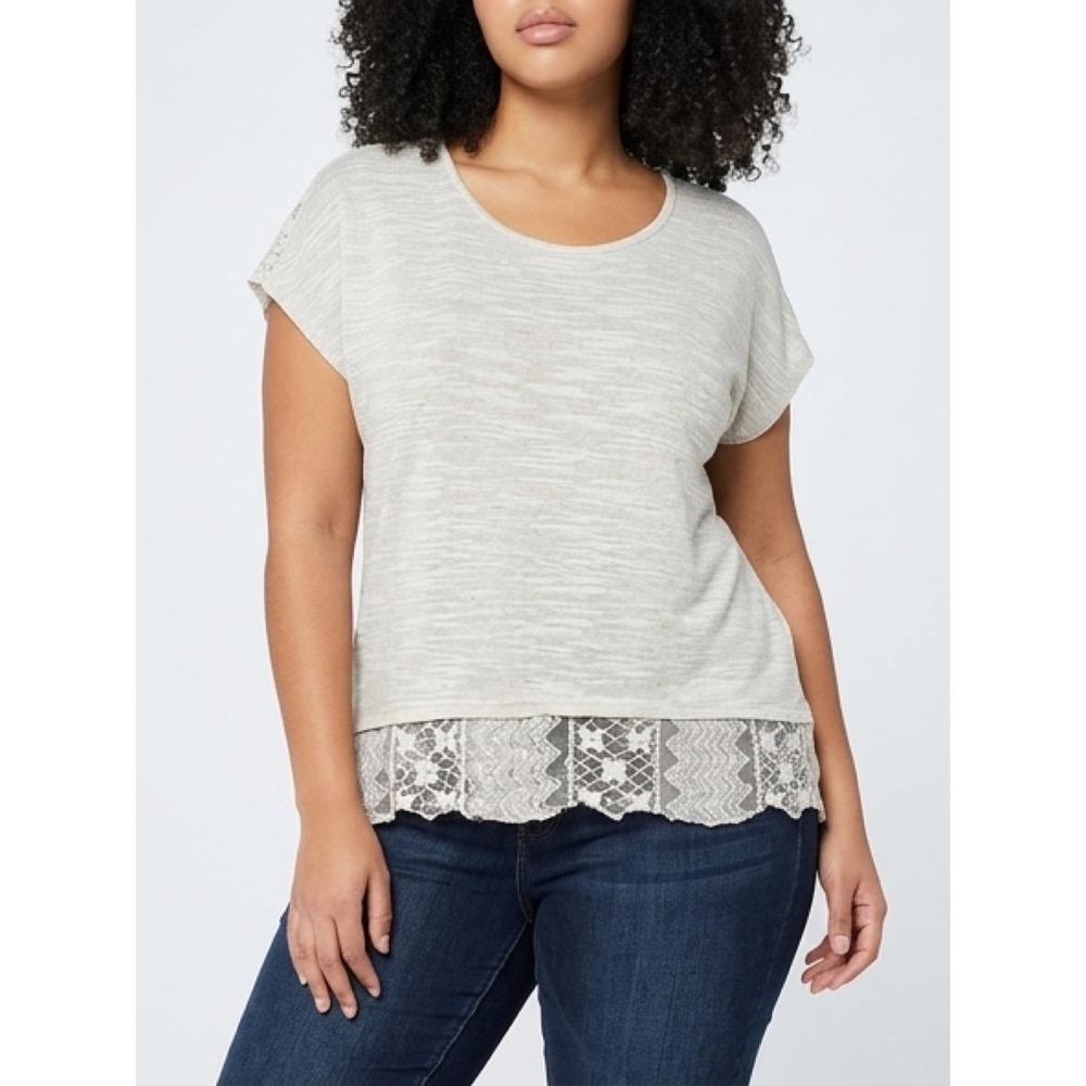 Cato Lace Trim Top Womens XL Oatmeal Tan Excellent Boho Slub‎ Knit Cap Sleeve